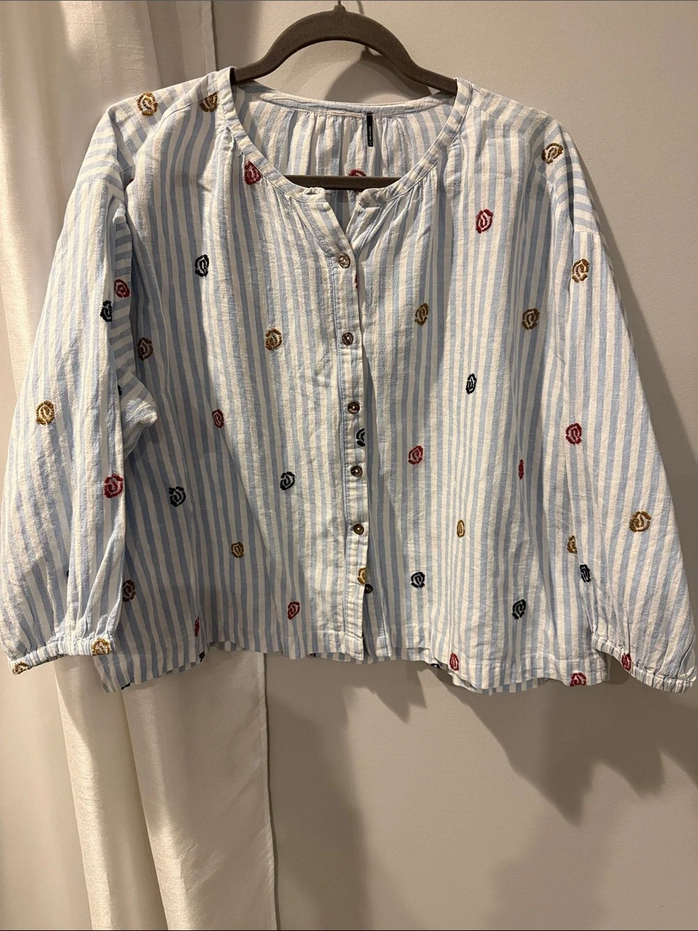 Anthropology Light Blue and White Striped Embroidered Button-Front Blouse